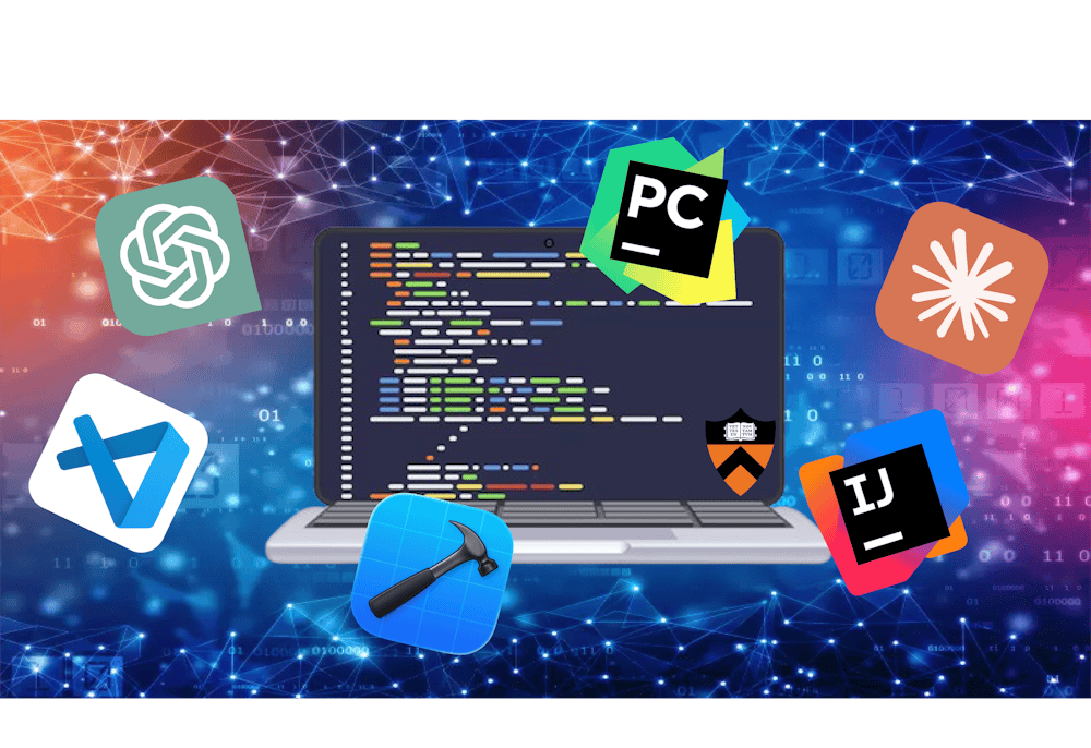 A computer with AI coding program logos. 