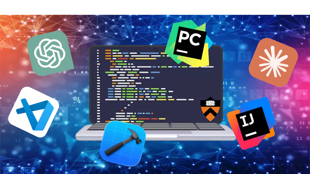 A computer with AI coding program logos.