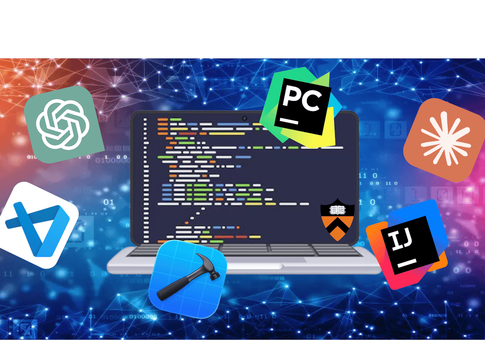 A computer with AI coding program logos.