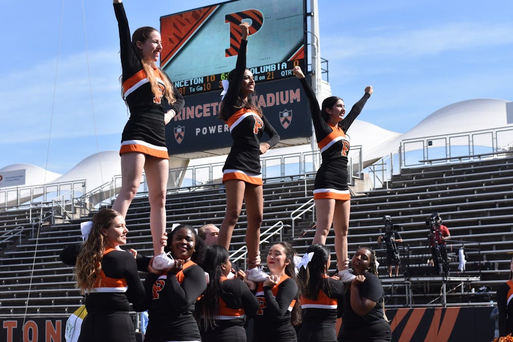 <h5>The Princeton cheerleading team performs on the sidelines at the Ivy League opener against Columbia.&nbsp;</h5>
<h6>Angel Kuo / The Daily Princetonian</h6>