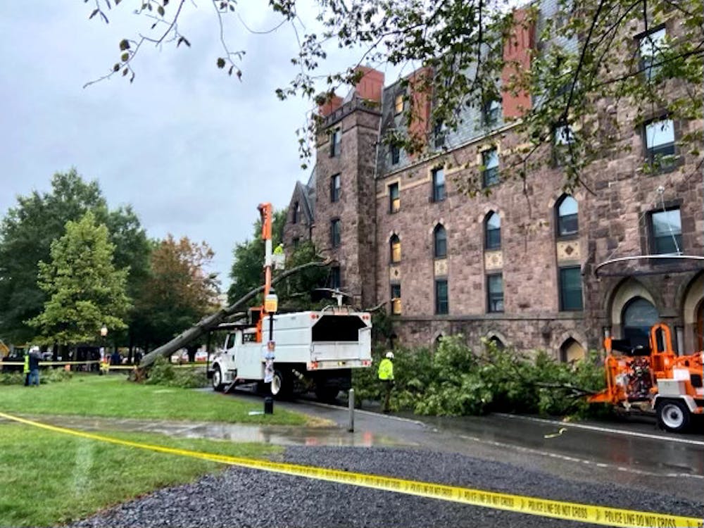A fallen oak tree leaning against Edwards Hall on a rainy day, surrounded by vehicles used for tree removal.