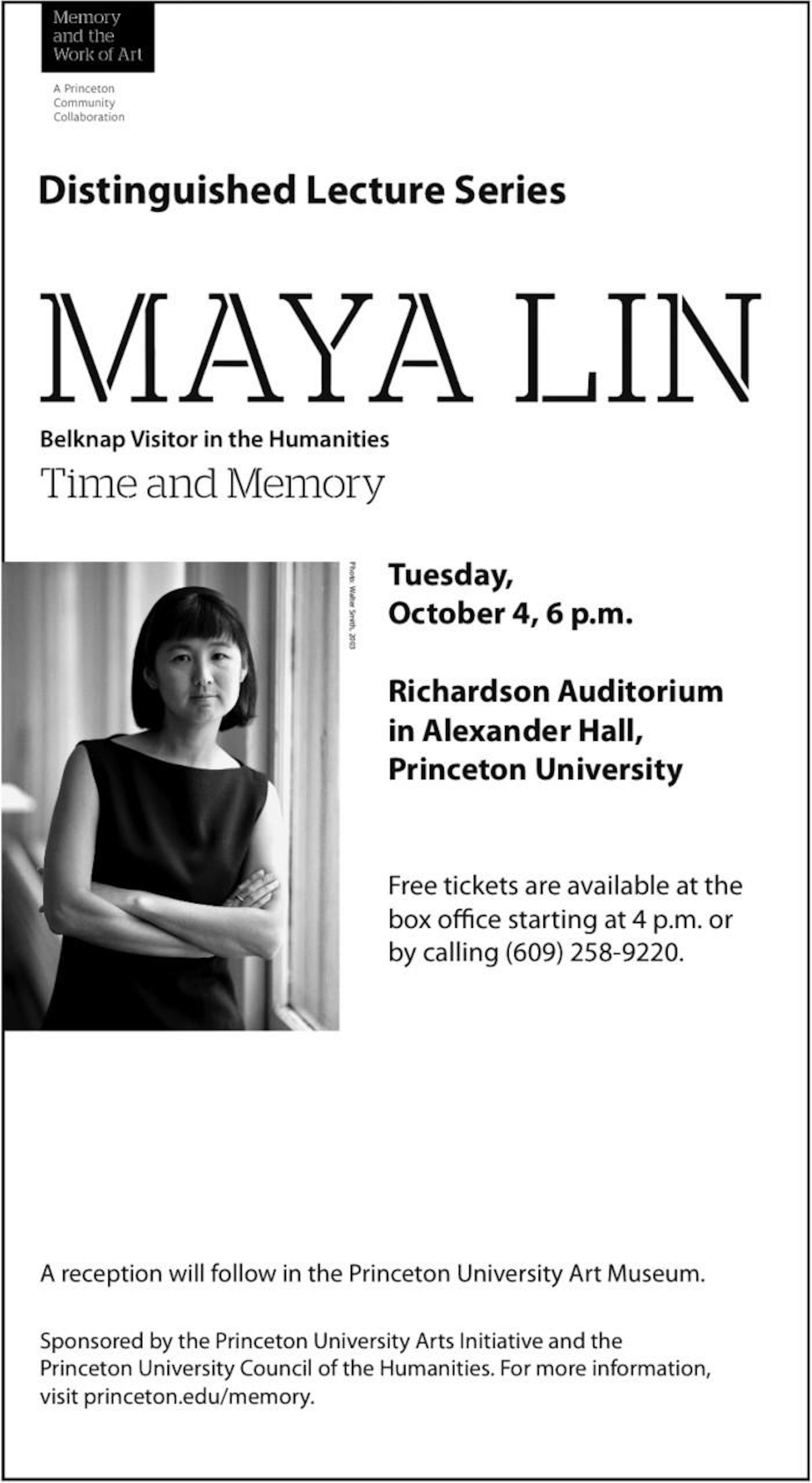 Black and white advertisement for Maya Lin's lecture as the Belknap Visitor in the Humanities.