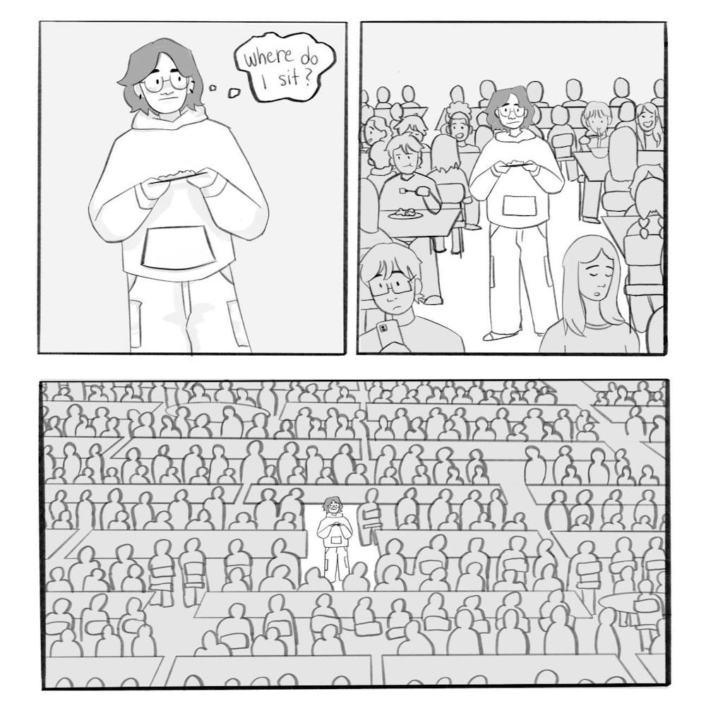 A student stands holding a tray of food. The next panel zooms out to show the student surrounded by other students sitting and eating. The final panel zooms out further to show that the entire room is packed full of students sitting and eating, with no empty seats available.&nbsp;