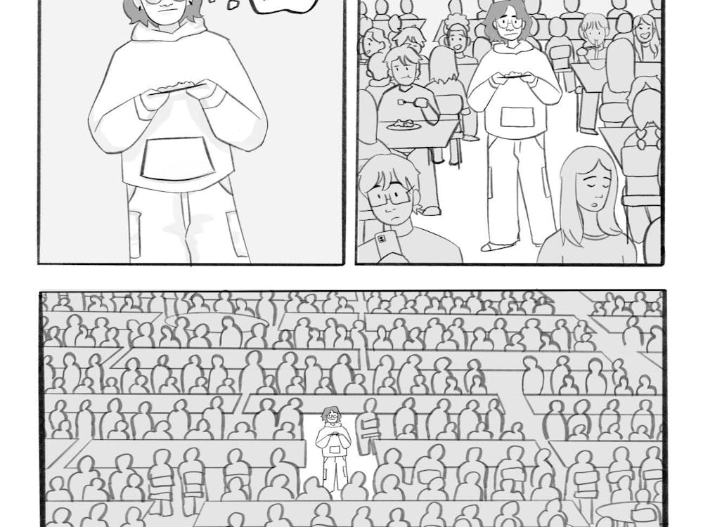 A student stands holding a tray of food. The next panel zooms out to show the student surrounded by other students sitting and eating. The final panel zooms out further to show that the entire room is packed full of students sitting and eating, with no empty seats available.&nbsp;