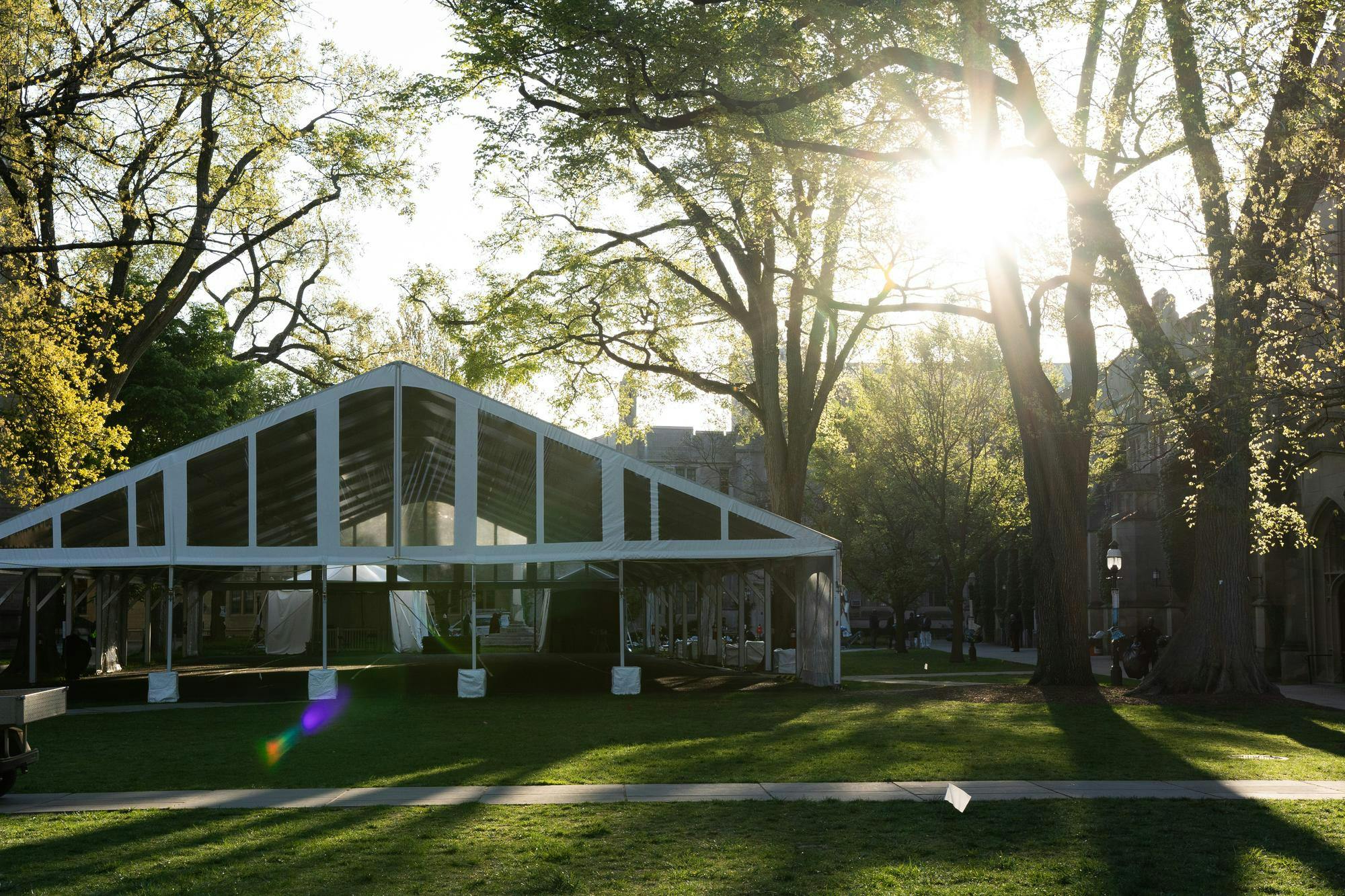 Surrounded by tall trees with verdant green leaves, a white tent covers most of a grassy courtyard outside McCosh Hall. The sun shines through, and faint in the background, protesters are visible.
