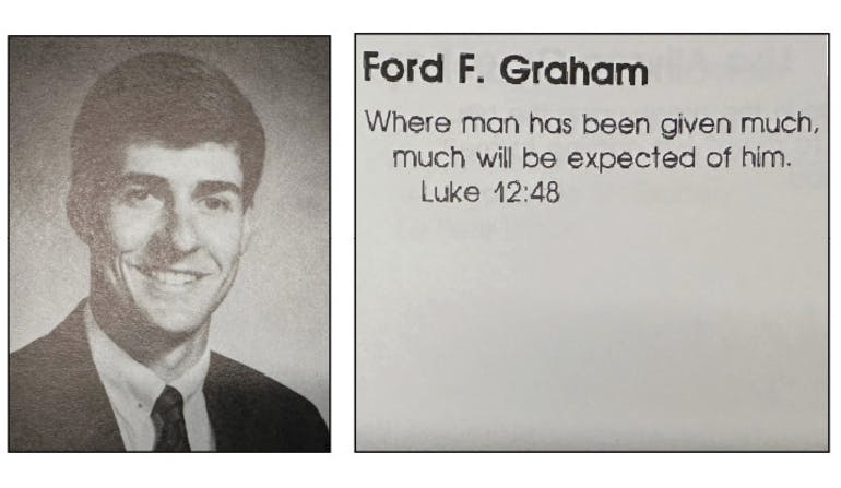On the left, a man in black and white. On the right, top text in bold: Ford F. Graham. On the bottom, quote attributed to Luke 12:48: “Where man has been given much much will be expected of him“