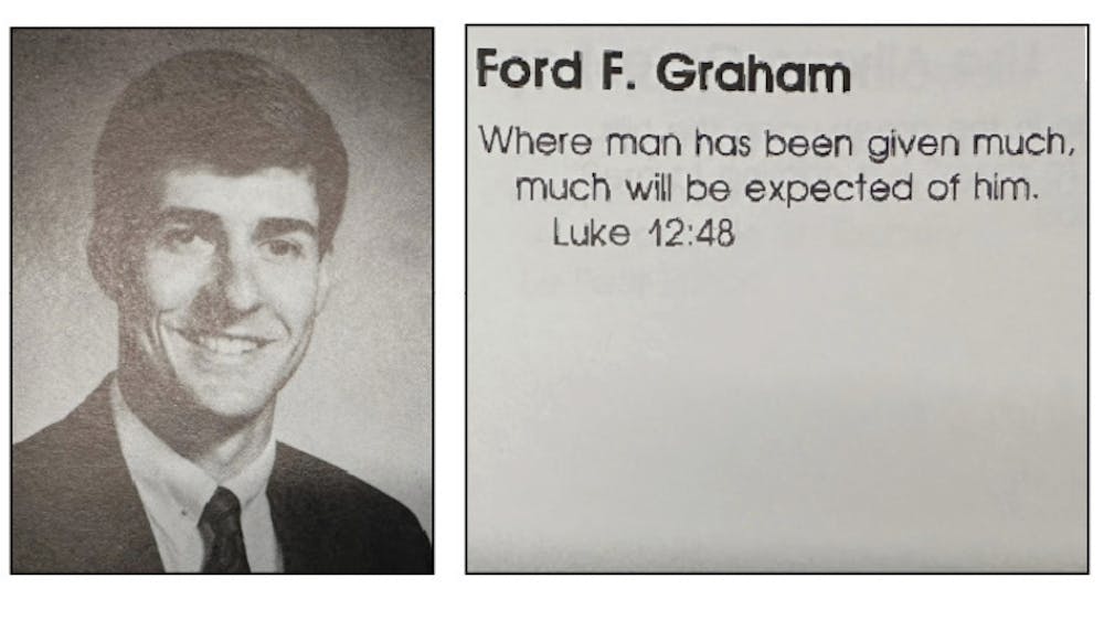 On the left, a man in black and white. On the right, top text in bold: Ford F. Graham. On the bottom, quote attributed to Luke 12:48: “Where man has been given much much will be expected of him“