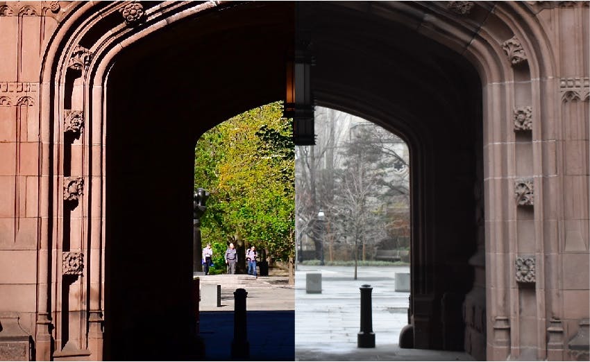 A view of Firestone Plaza through East Pyne