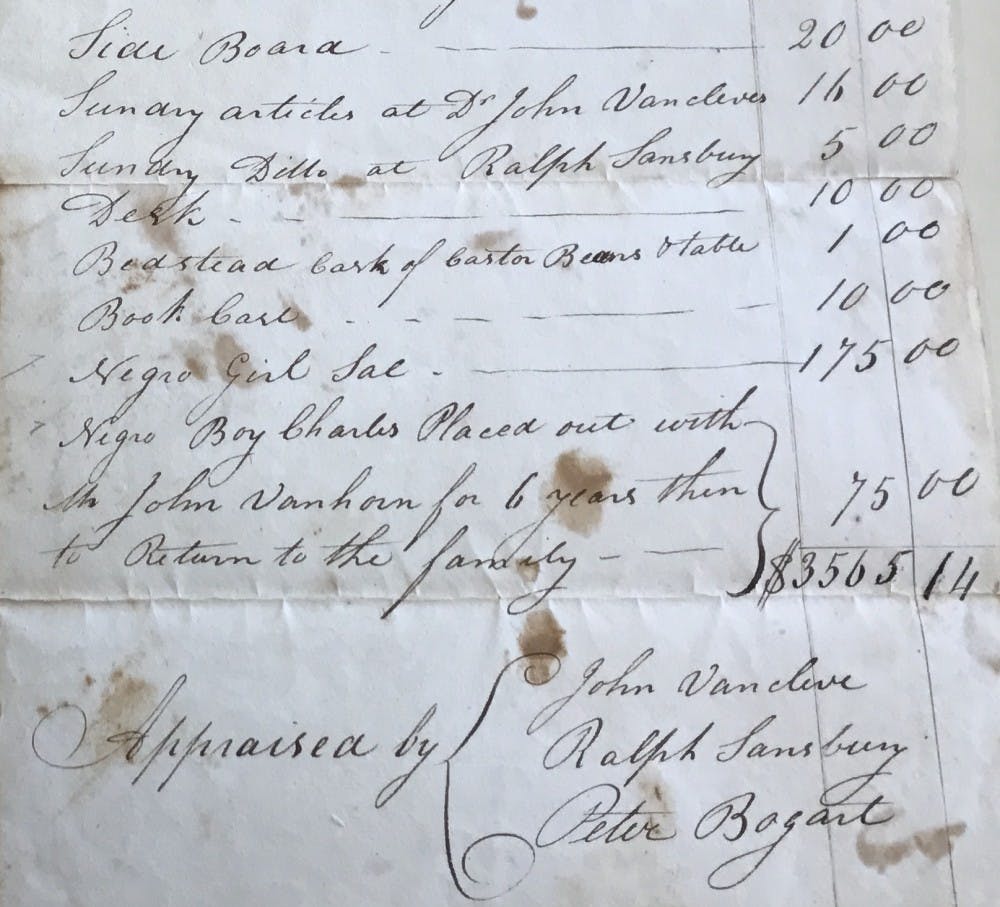 This inventory from the estate of John MacLean Sr., the first  chemistry professor in the country and at the University, lists valuable  items meant for his son John MacLean Jr., Class of 1816 and tenth  president. The last two entries are slaves.:: Courtesy of Princeton University Archives