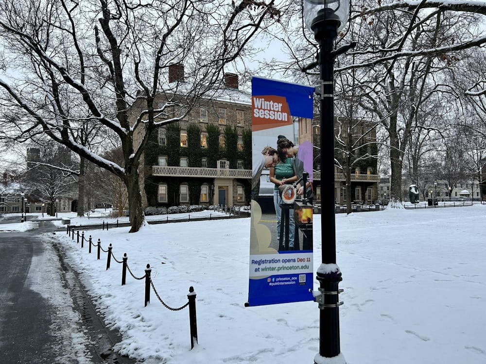 A multicolored banner reading "Wintersession" hangs from a light pole on a snow-covered field.
