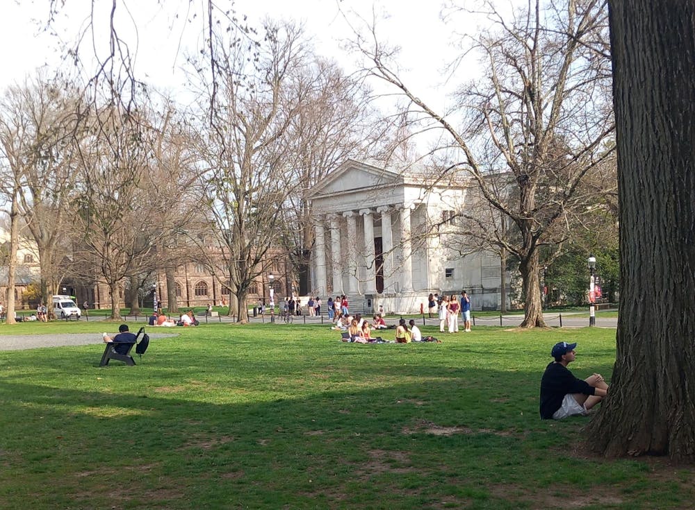 Students sit, scattered across the grass of Cannon Green.