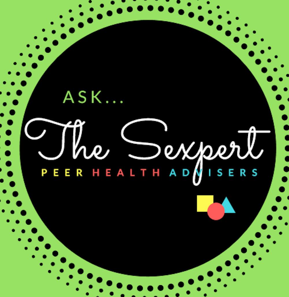 Green surrounding with circular black center with the text "Ask . . . The Sexpert" and "Peer Health Advisors"