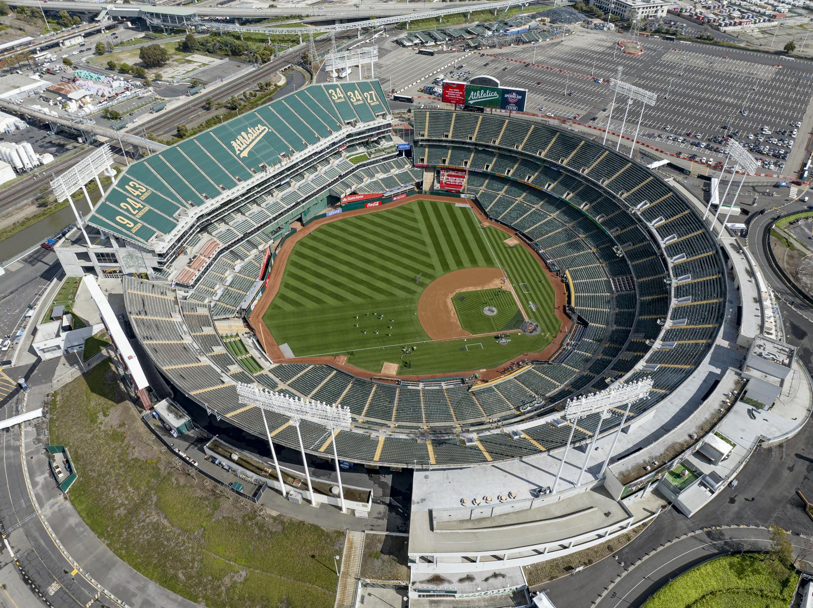 Aerial view of a baseball stadium.