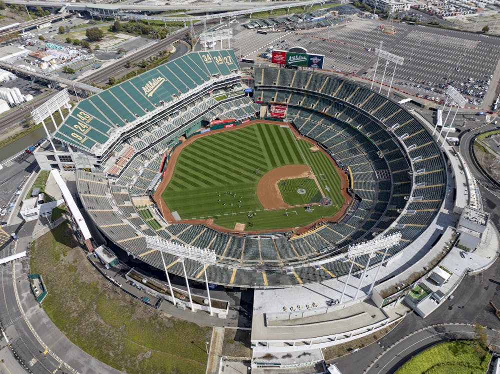 Aerial view of a baseball stadium.