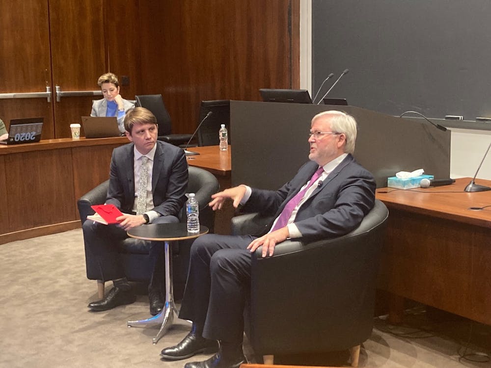 <h5>Rudd and Truex in discussion.</h5>
<h6>Michelle Miao / Daily Princetonian</h6>