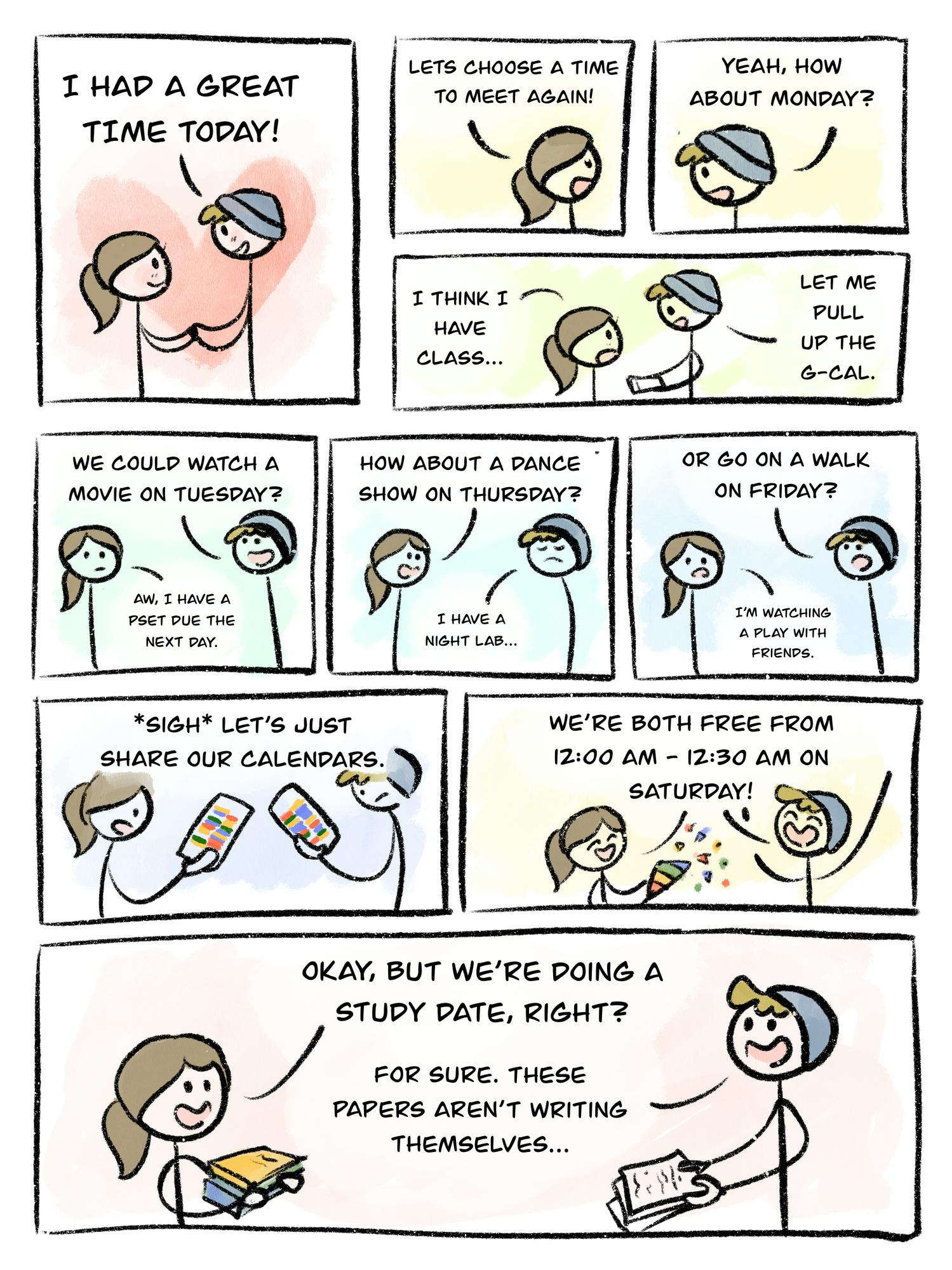 Two people have trouble planning a date because of their busy schedules.