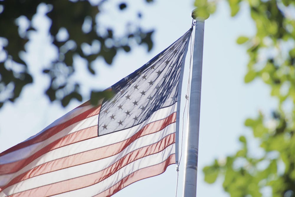 An American flag flying in the wind attached to a flag pole in front of a blue sky, with blurred green leaves in the foreground.