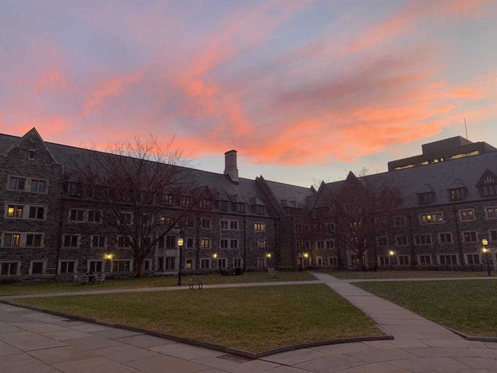 Image of a sunset over the Whitman courtyard. 