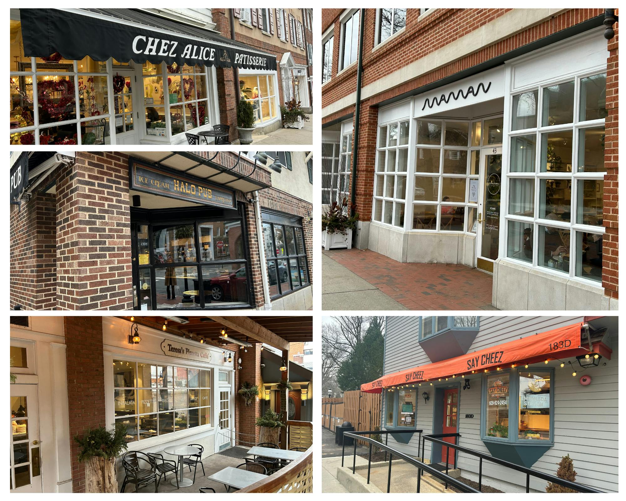 Collage of photos of front entrances of Maman, Teresa Caffe, Say Cheez Cafe, Chez Alice Patisserie, and Halo Pub.