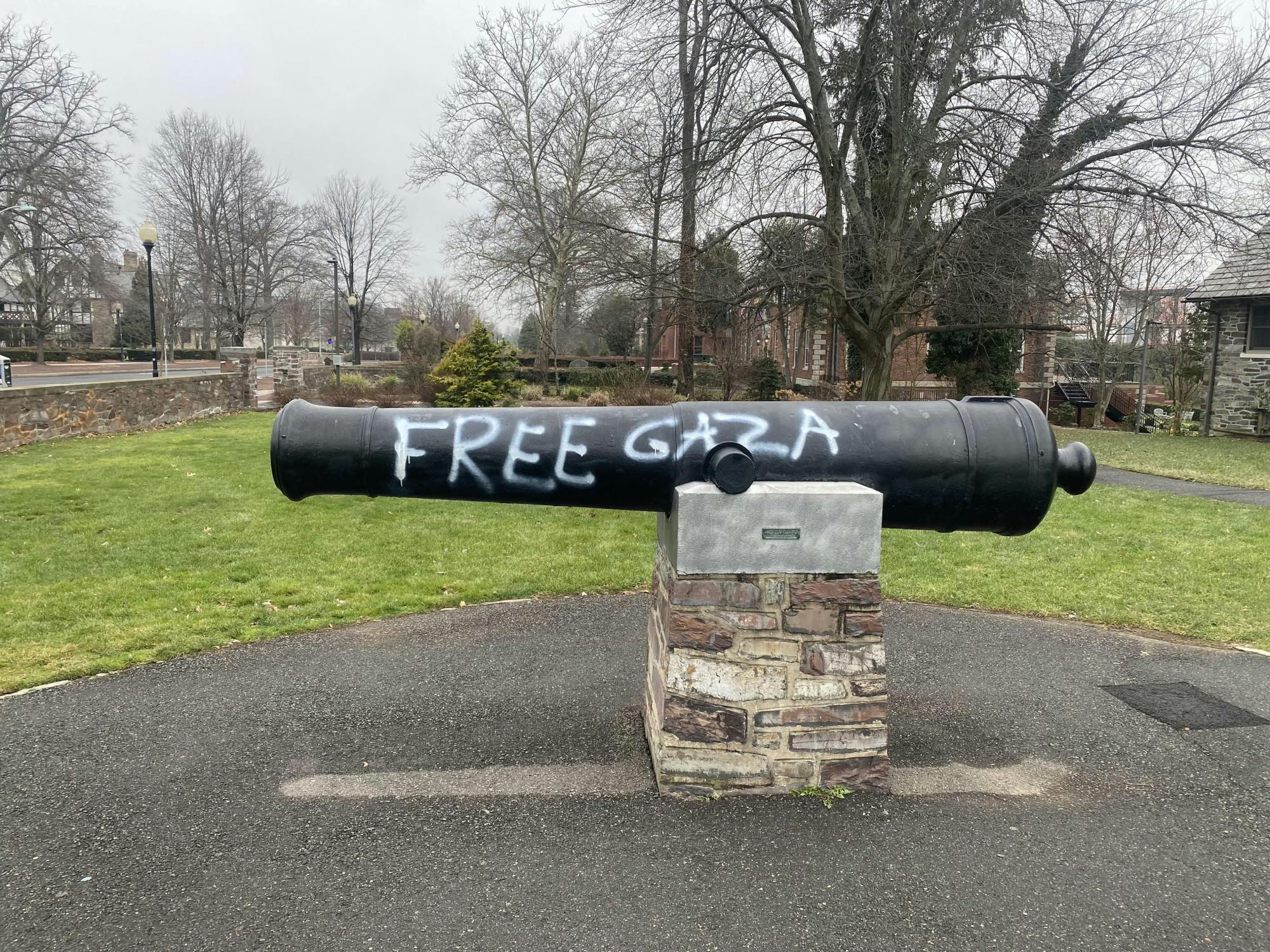 A cannon with the words "Free Gaza" painted on it
