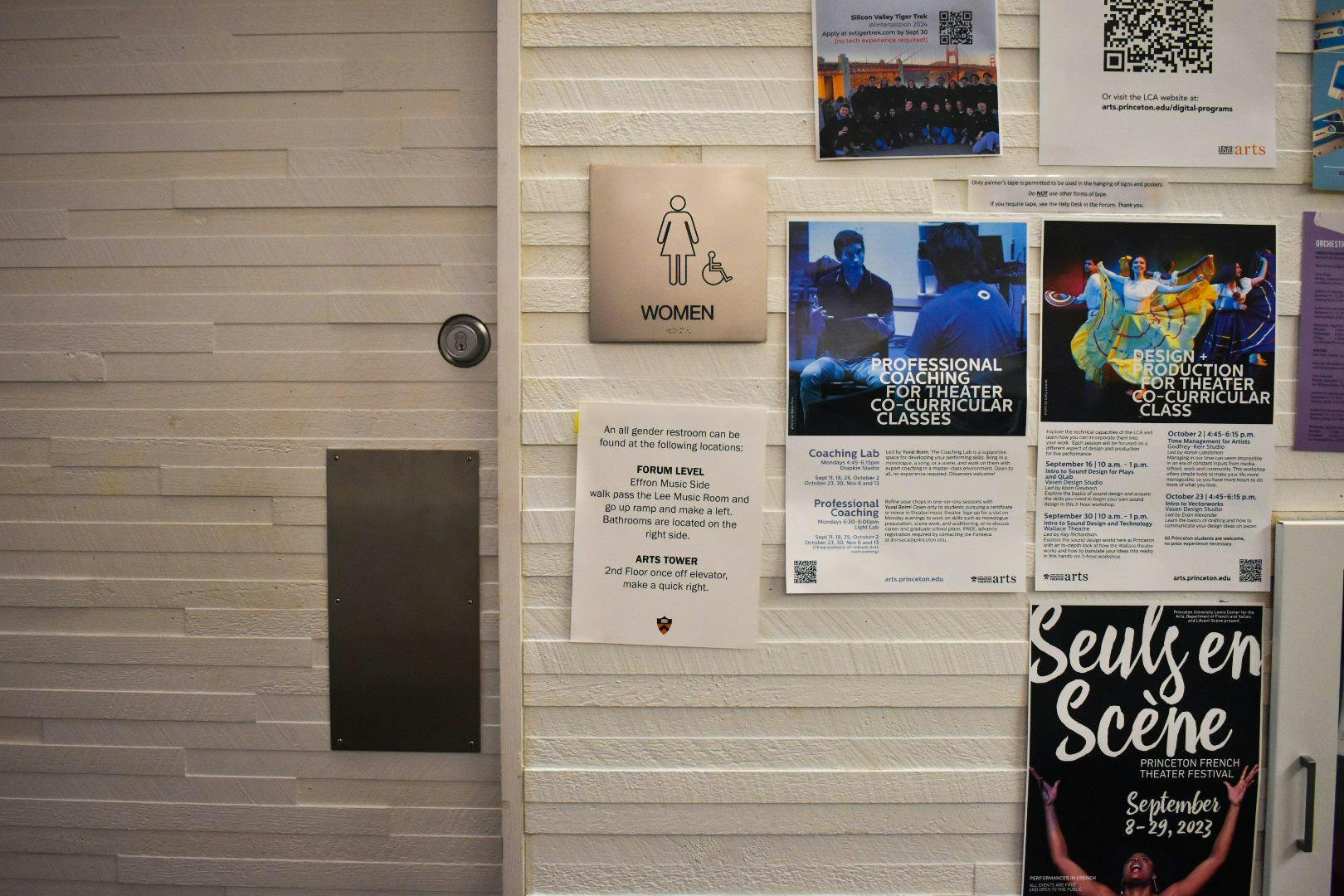 A photo of a woman's bathroom with posters around the gender sign.