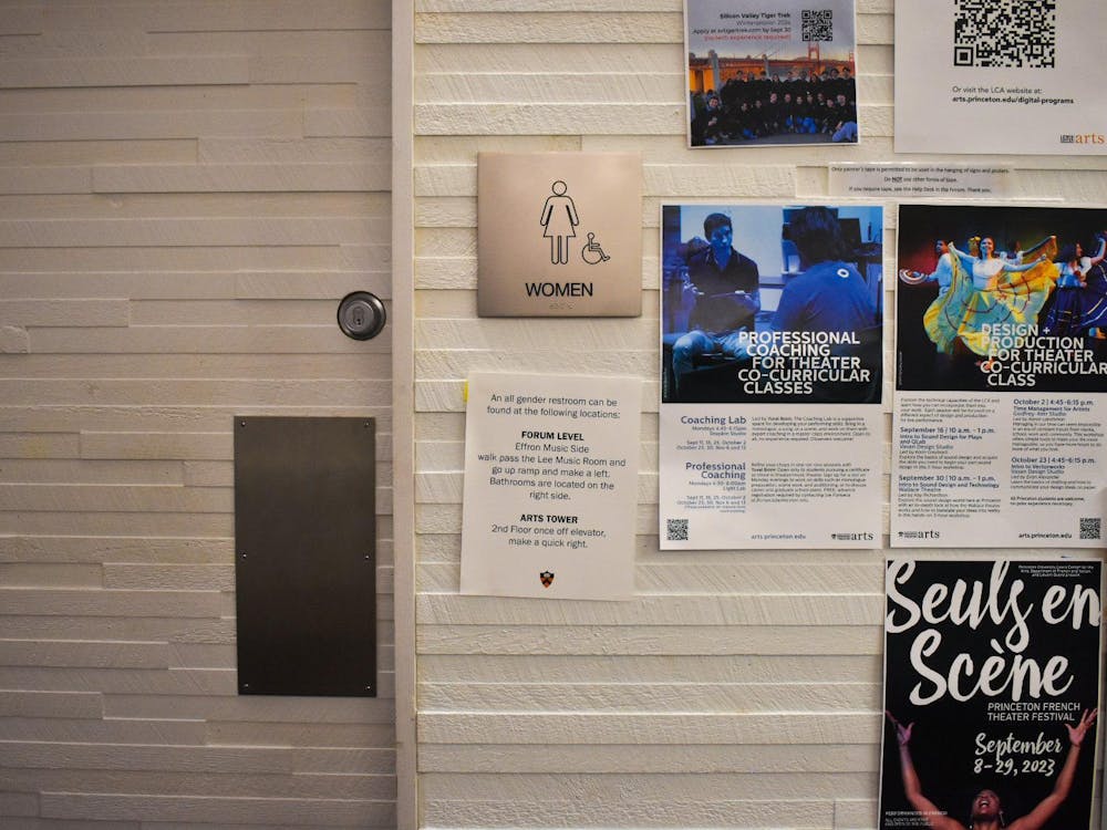 A photo of a woman's bathroom with posters around the gender sign.