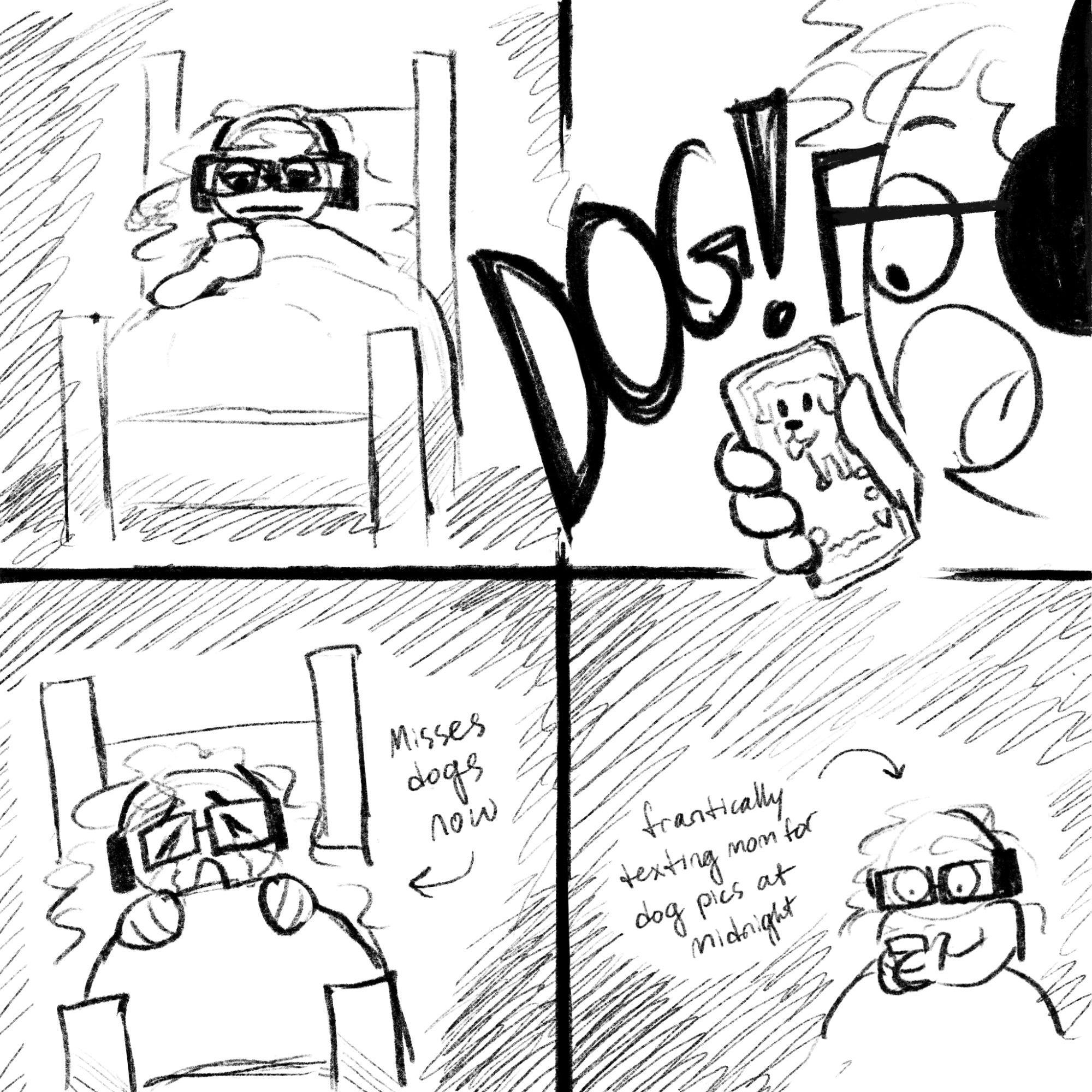 Black and white pencil image. Panel 1: Student with headphones sitting in bed looking at phone; Panel 2: Person looks at phone with picture of dog. Large Text: DOG!; Panel 3: student sits on bed in despair, arrow saying "Misses dogs now." Panel 4: Different angle of student with text "Frantically texts mom for pics of dogs."