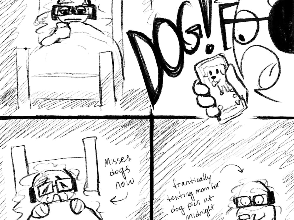 Black and white pencil image. Panel 1: Student with headphones sitting in bed looking at phone; Panel 2: Person looks at phone with picture of dog. Large Text: DOG!; Panel 3: student sits on bed in despair, arrow saying "Misses dogs now." Panel 4: Different angle of student with text "Frantically texts mom for pics of dogs."