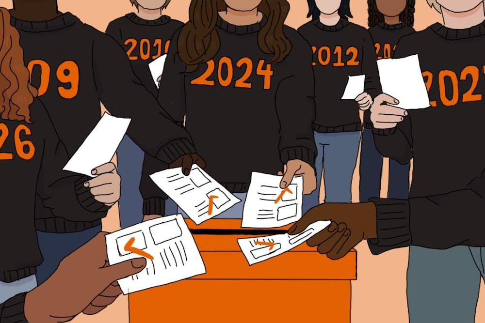 Seven people in black sweaters marked by orange class years cast votes into an orange ballot box.