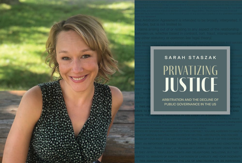 Left: woman with short blonde hair on wood bench in front of lawn.