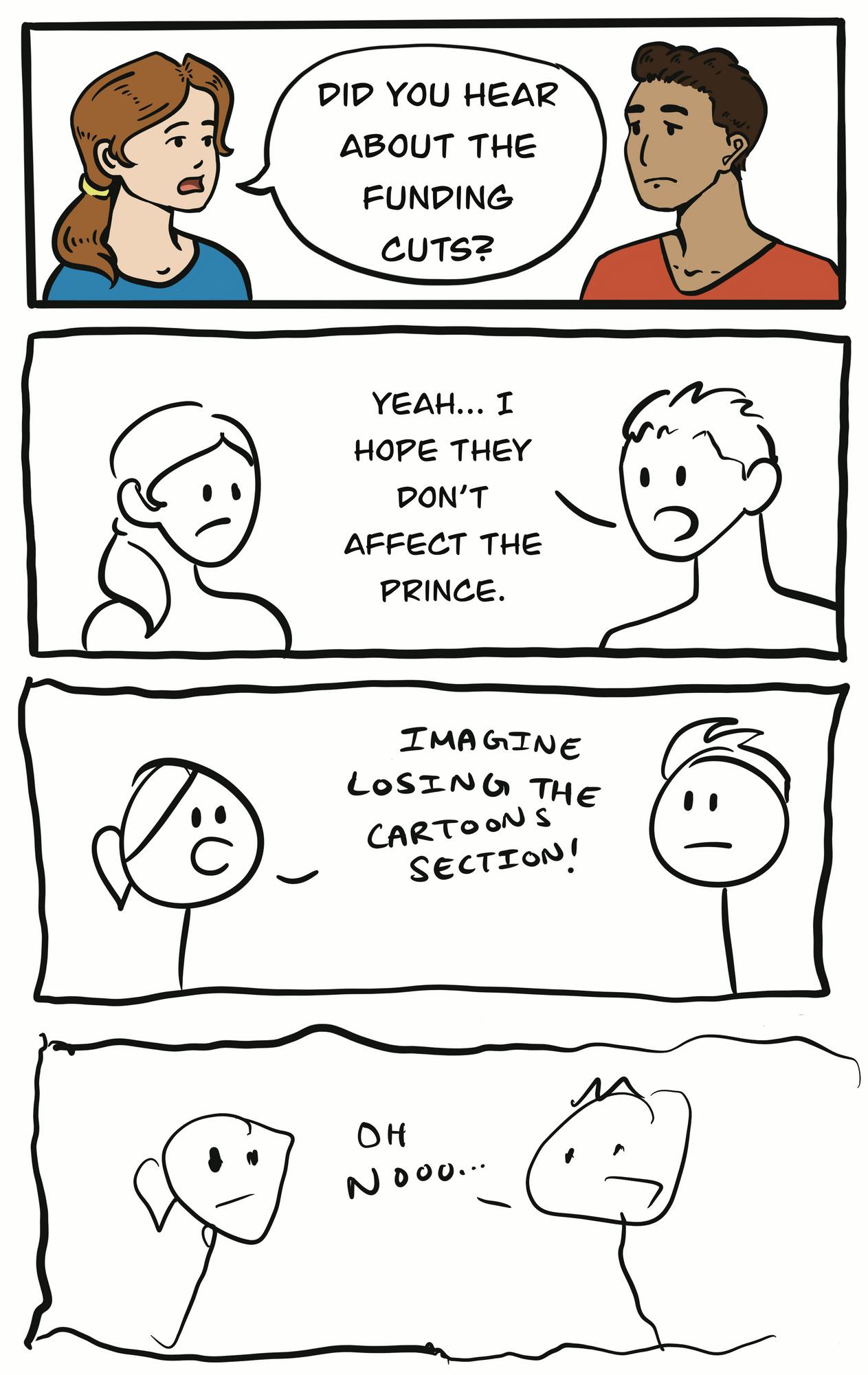 Quality of cartoon deteriorates as cartoon about budget cuts progresses.