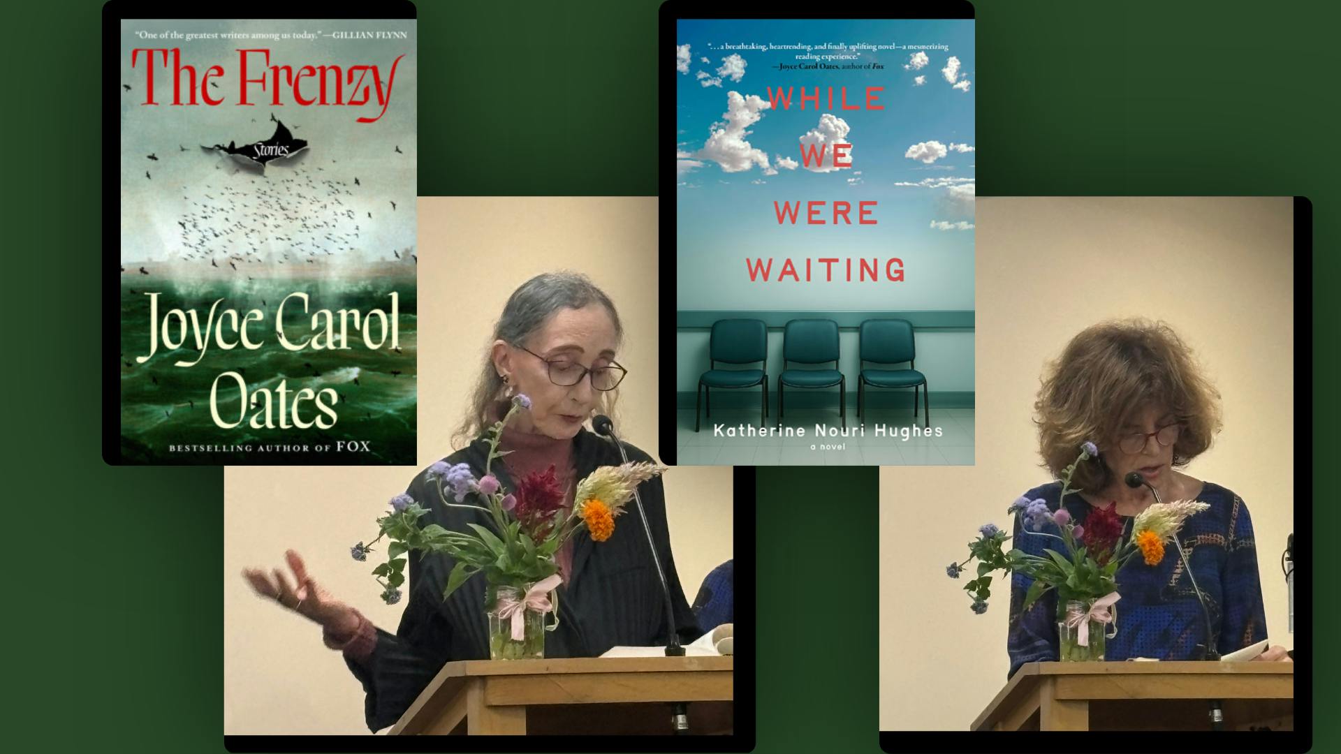 Joyce Carol Oates and Katherine Nouri Hughes with their books.