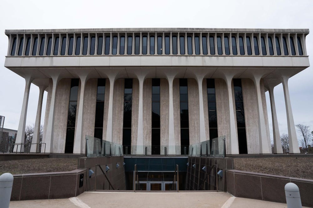 The SPIA building entrance on a cloudy day. 