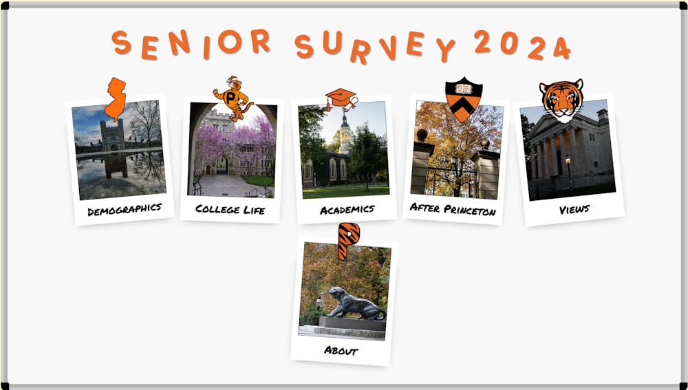 Orange bubble letters read "Senior Survey 2024" across the top of a white board. Five images are attached to the board with orange stickers of New Jersey, a Tiger, a cap, the Princeton shield, and the face of a tiger. Images with text below are: arch in water reflection - "Demographics", pink trees through an arch - "College Life", trees in front of white tower on building - "Academics", trees in front of a gate - "After Princeton", white building with columns - "Views". In the row below - a black and orange stroped "P" attaches the "About" graphic with an image of a green tiger statue.