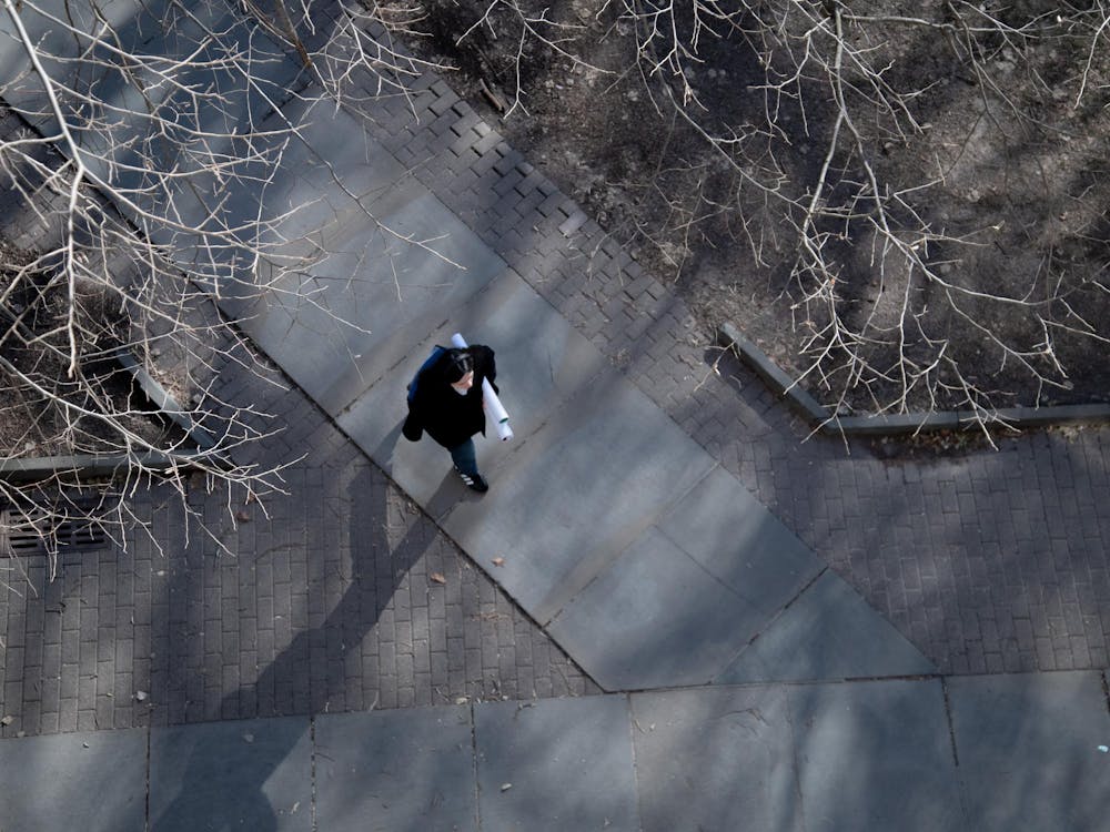 Overhead view of student walking on sidewalk holding posters; tree branches visible. 