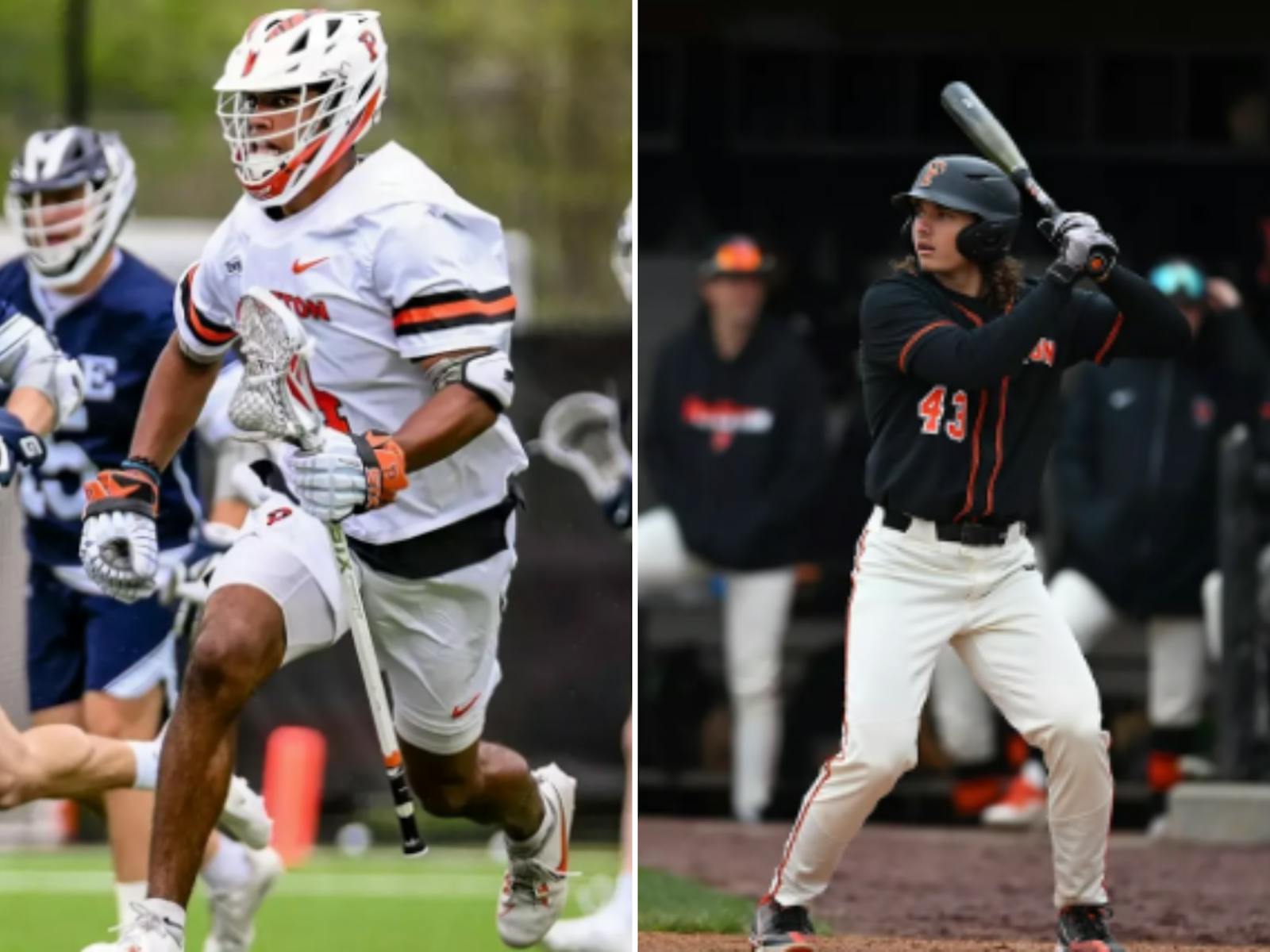 On the left, a man in a white Princeton lacrosse uniform runs with his stick. On the right, a Princeton baseball player with a black jersey swings his bat.