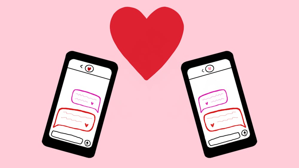 An illustration of two phones sending each other messages with a red heart in between the two.