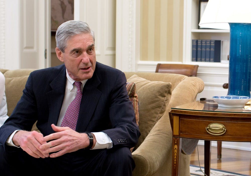 <p>Then-FBI director Robert Mueller '66 meets with former President Barack Obama and former Vice President Joe Biden in the White House.</p>
<p>Photo Credit: Pete Souza / <a href="https://commons.wikimedia.org/wiki/File:Robert_Mueller,_2012.jpg" target="_self">The White House</a></p>