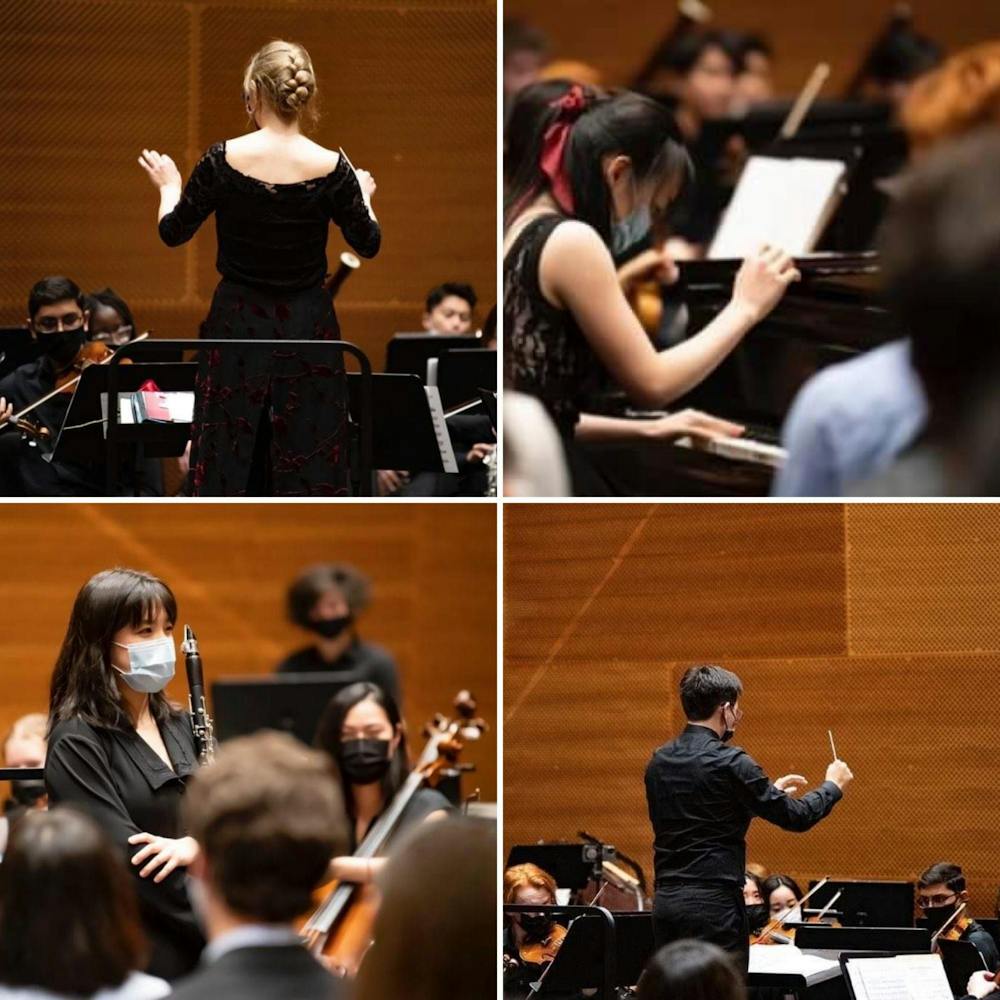 <h5>Clockwise from top left: Allie Mangel ’22, Karina Wugang ’24, Adrian Rogers ’23, and Emily Liushen ’22, surrounded by members of Princeton Camerata.&nbsp;</h5>
<h6>Courtesy of Li Lin Photography</h6>