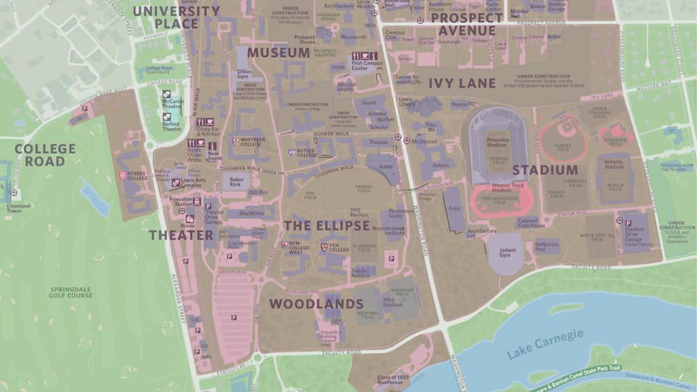 A map of Princeton's campus with PEV restricted zones overlaid in red.