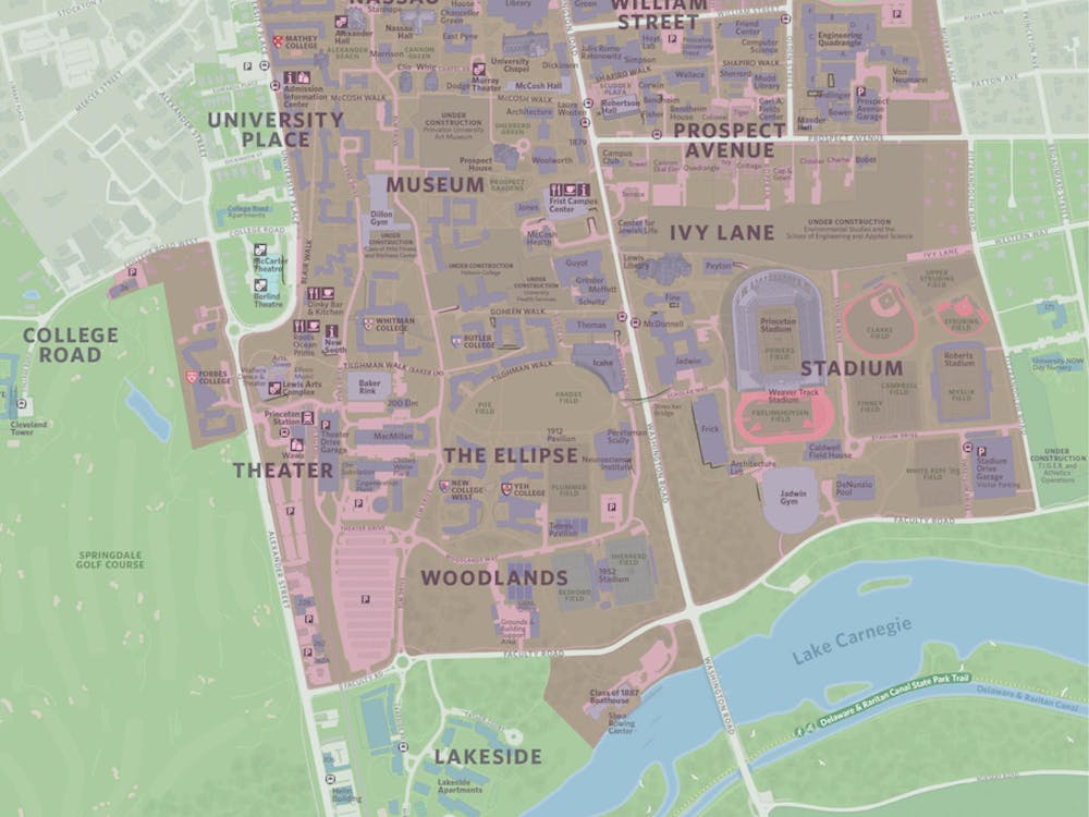 A map of Princeton's campus with PEV restricted zones overlaid in red.