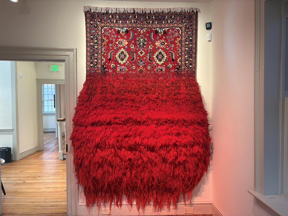 A red patterned carpet hangs on a white wall; the top portion of the carpet appears to be a normal carpet, but the lower half erupts into fluffy yarn. 