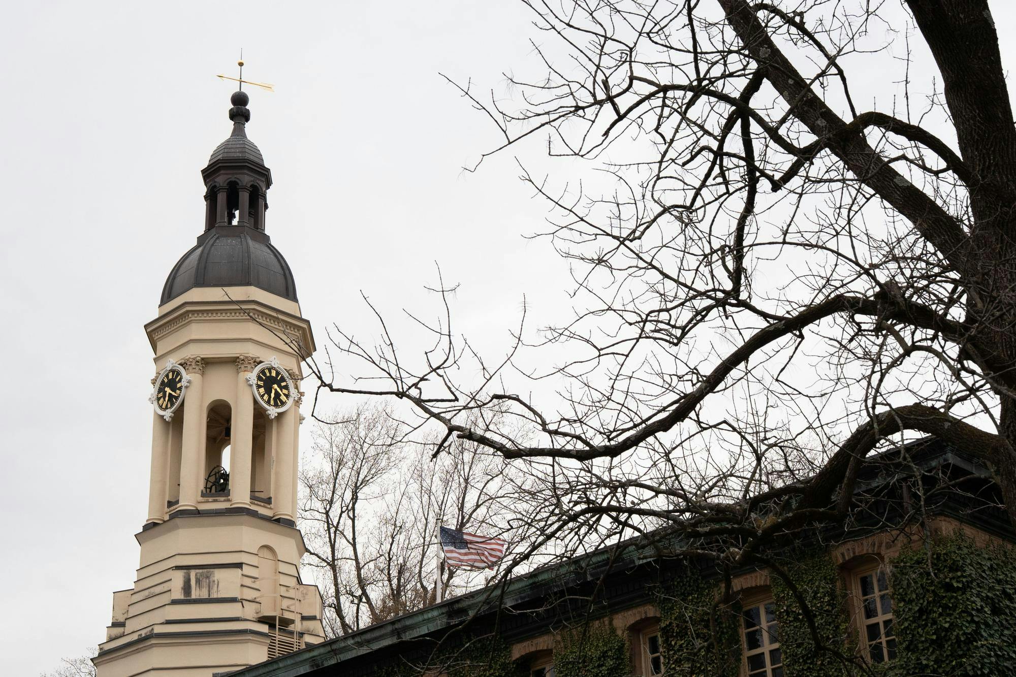 A building with a bell tower on the left side and an extension on the right. A tree with no leaves is in the foreground.