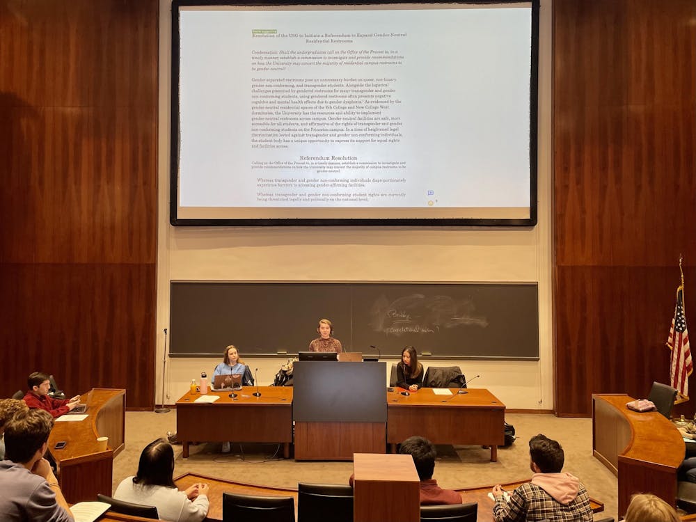 <h5>Uma Fox ’26 presents a resolution to introduce a Senate-sponsored referendum on increasing gender-neutral residential restrooms.</h5>
<h6>Annie Rupertus / The Daily Princetonian</h6>