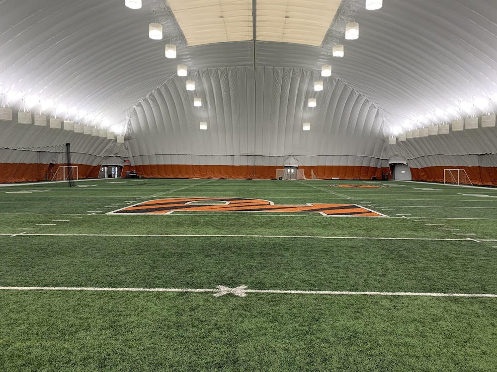 There is a green turf football field with an orange and black stripped "P" in the center of the field. Over the field is a large roof with lights.