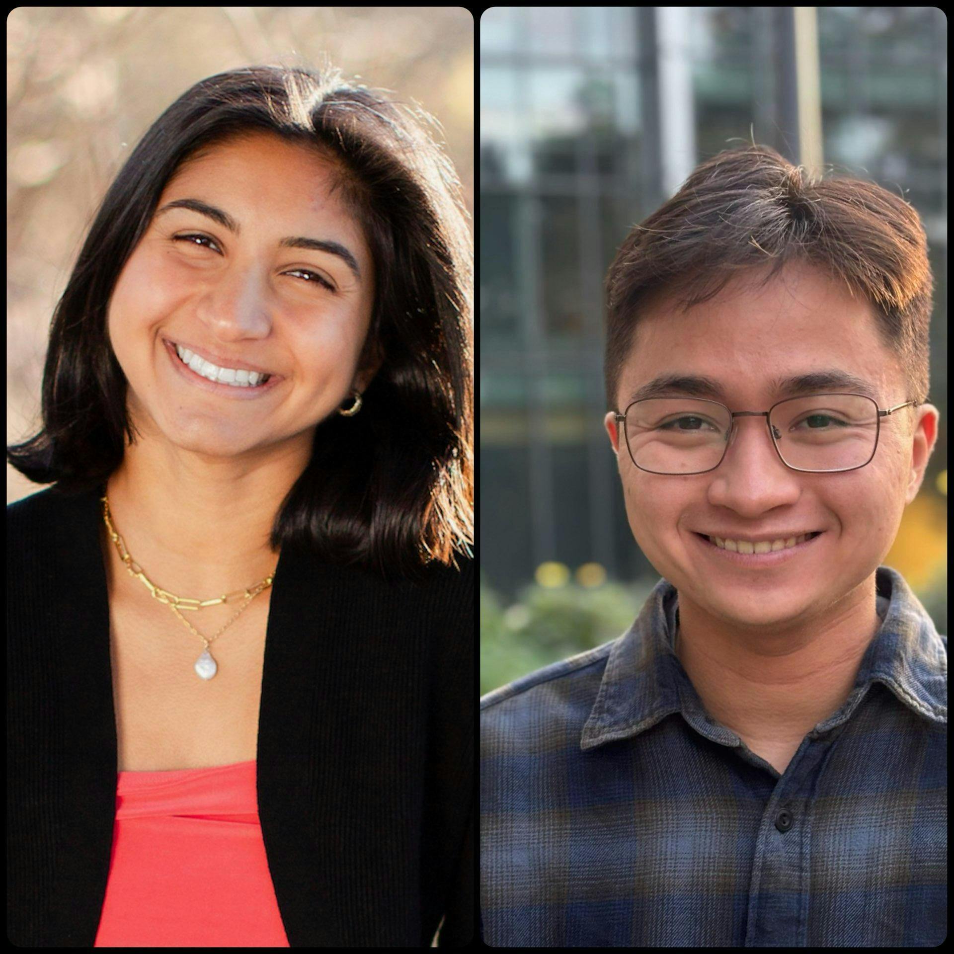 A woman with a short bob and a man with glasses smile at the camera.