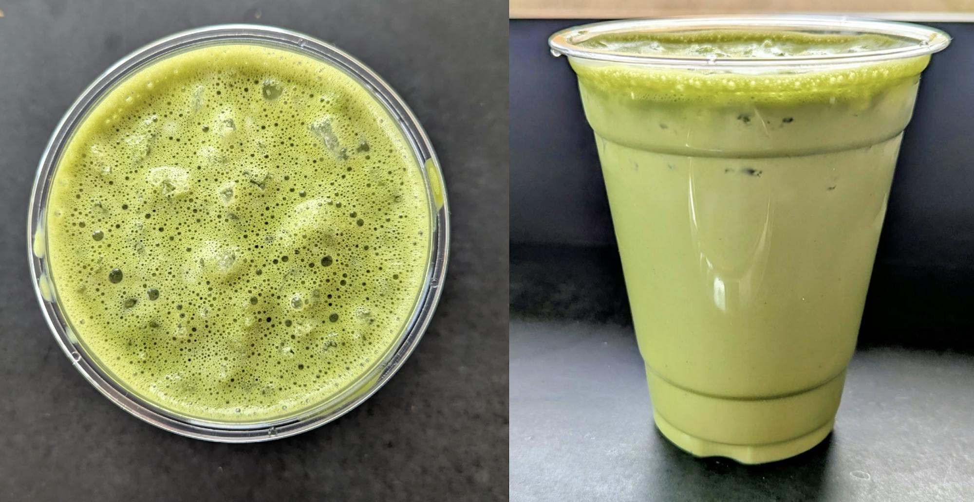 A bright green drink is in a transparent cup against a black background.