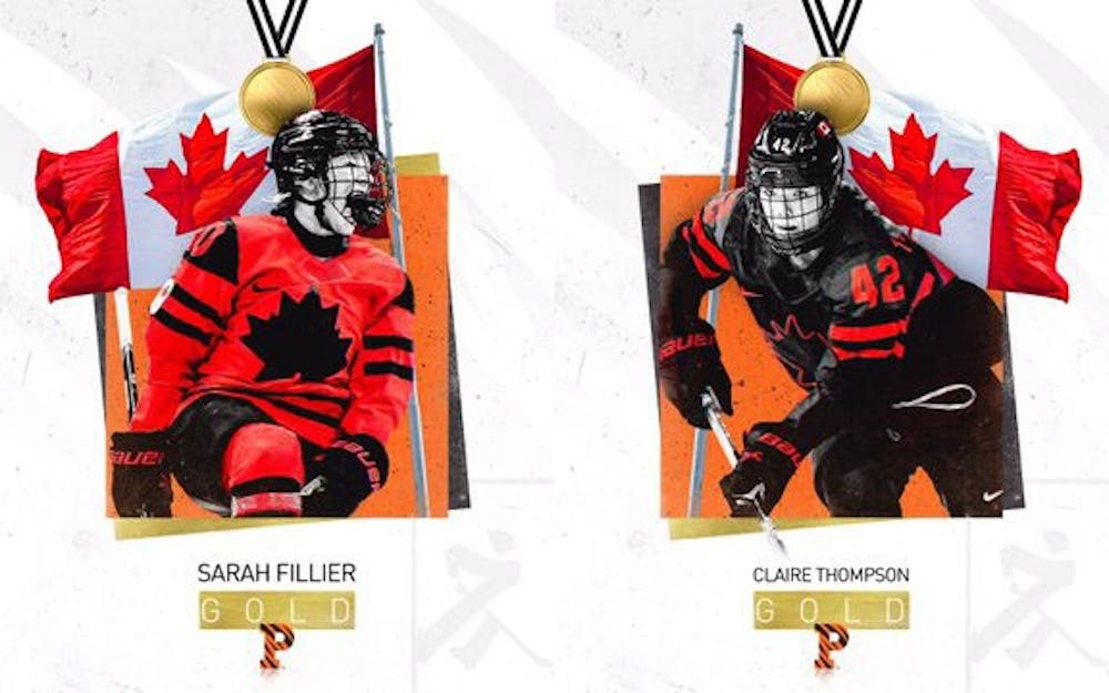 <h5>Fillier and Thompson helped Canada to a 3–2 win over Team USA in the gold medal game.</h5>
<h6>Photo courtesy of @PWIH/Twitter.</h6>