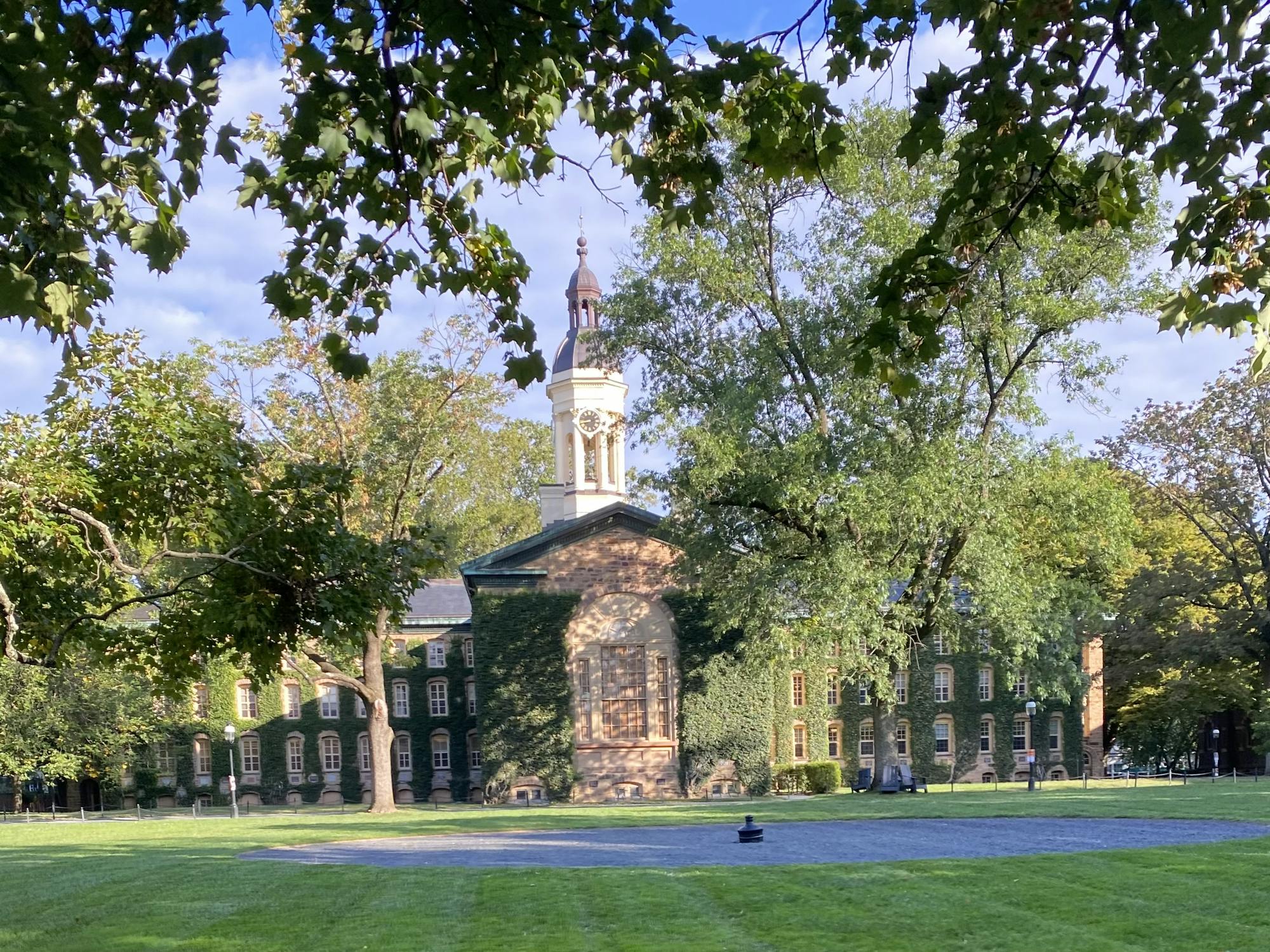 An ivy-covered building with a green space in front of it.