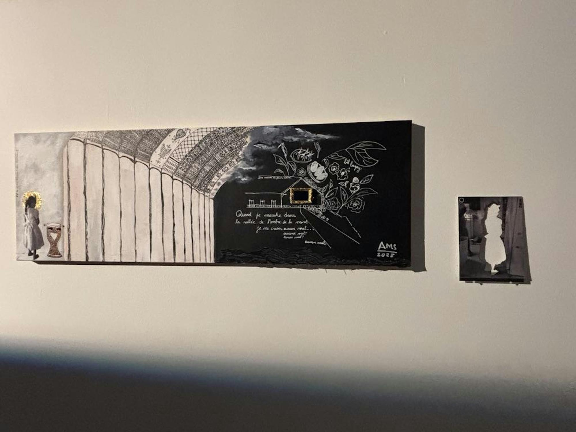 A multimedia artwork featuring a photo of a young girl, and black and white drawings.